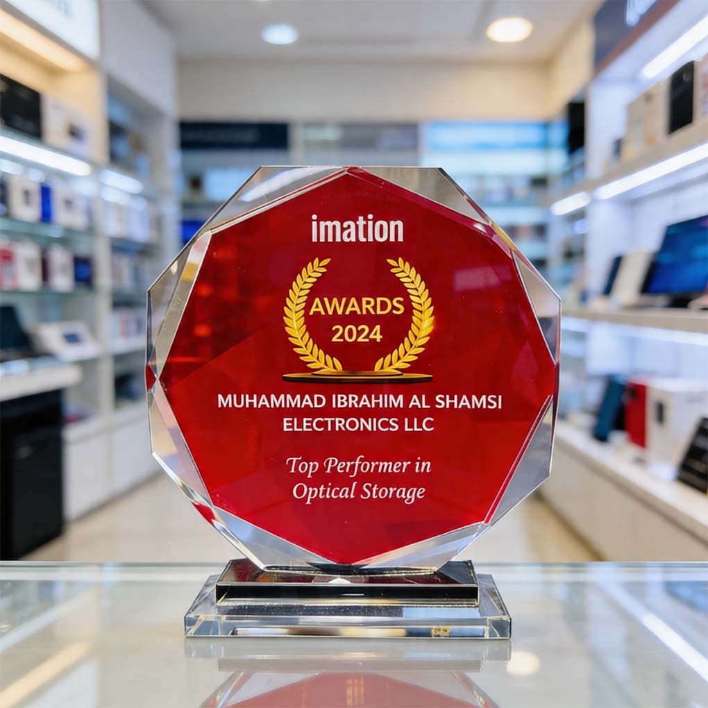 Personalized crystal award trophy with custom name, logo and achievement printing in Dubai