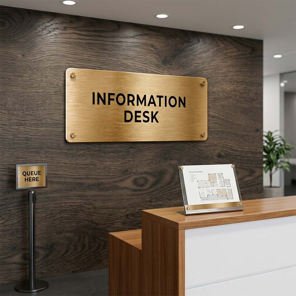 Custom brushed brass information desk sign for office and reception signage in Dubai