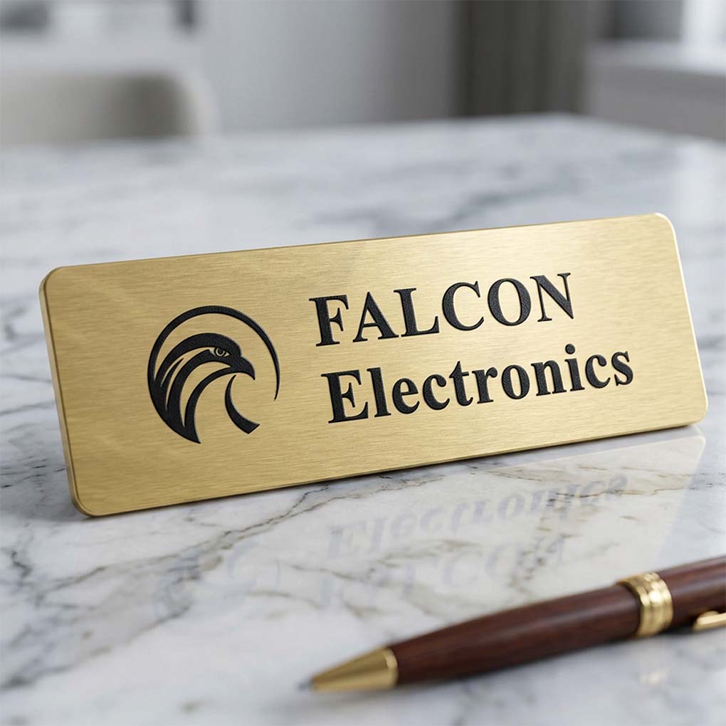 Custom engraved brass desk name plate with company logo for corporate office branding in Dubai
