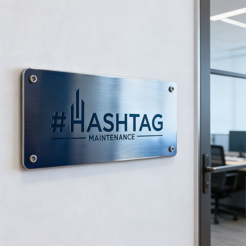 Brushed stainless steel company name plate with custom logo engraving for office signage in Dubai
