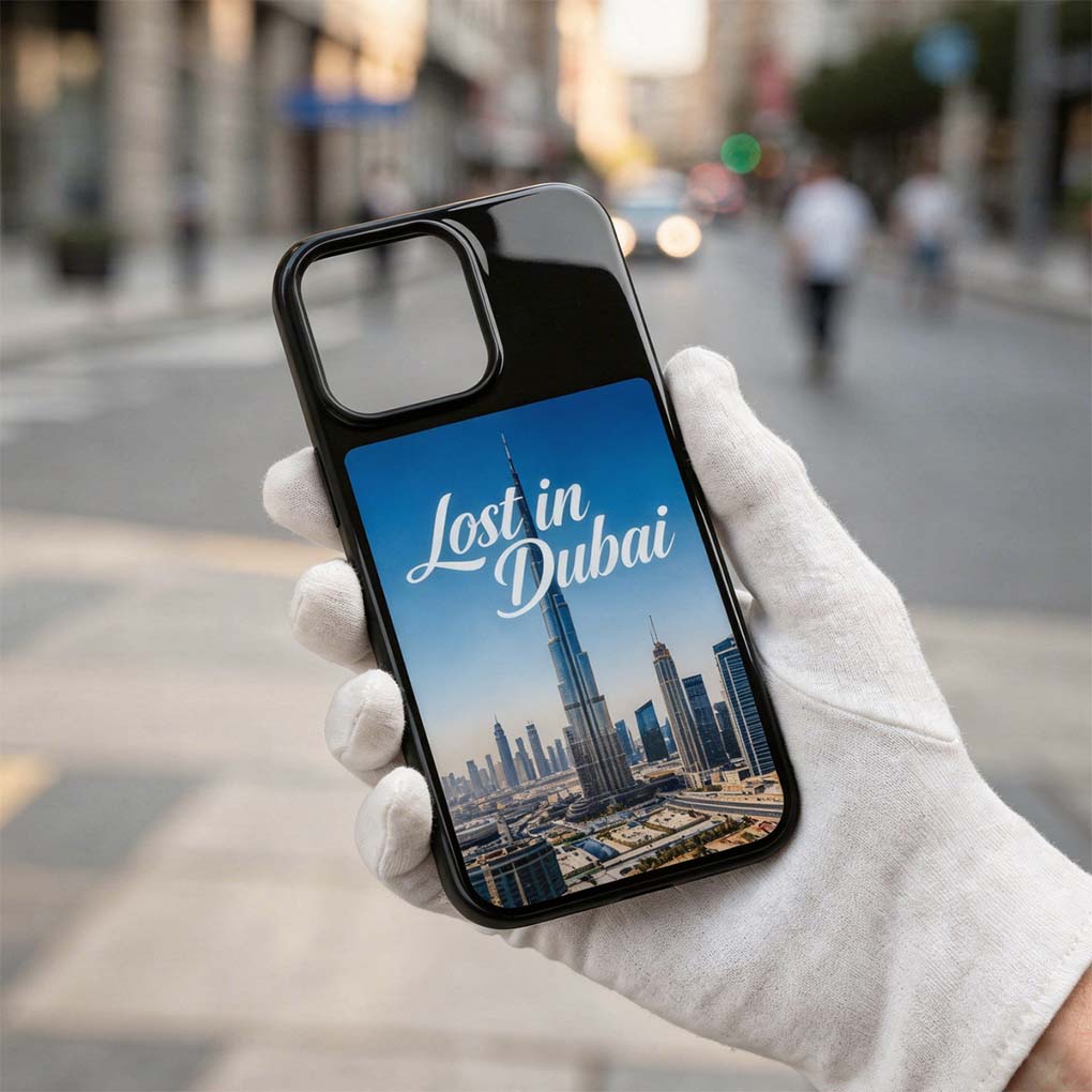 Personalized phone case printing with custom Dubai skyline design for mobile covers in Dubai