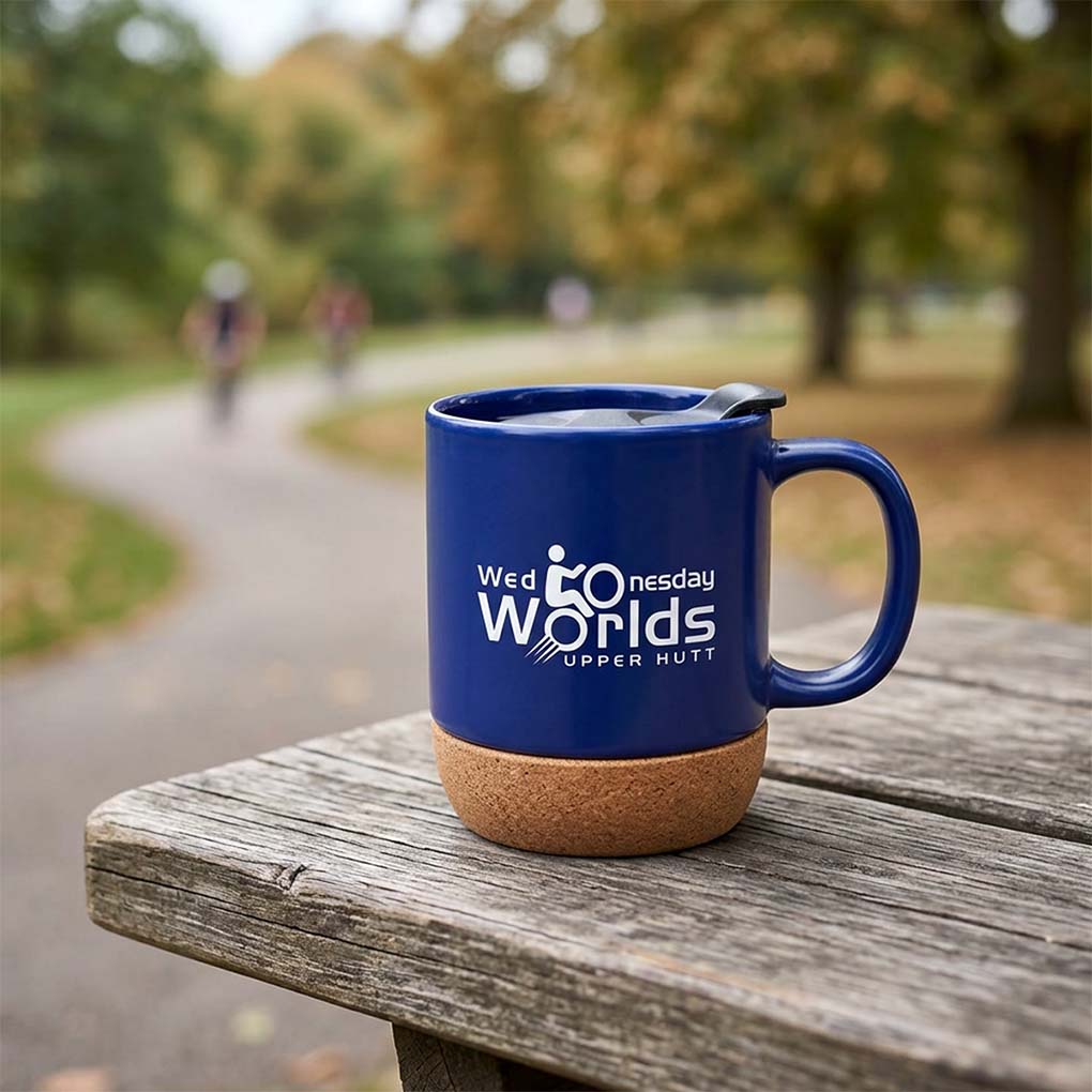 Custom logo coffee mug printing with cork base for corporate branding and promotional gifts in Dubai