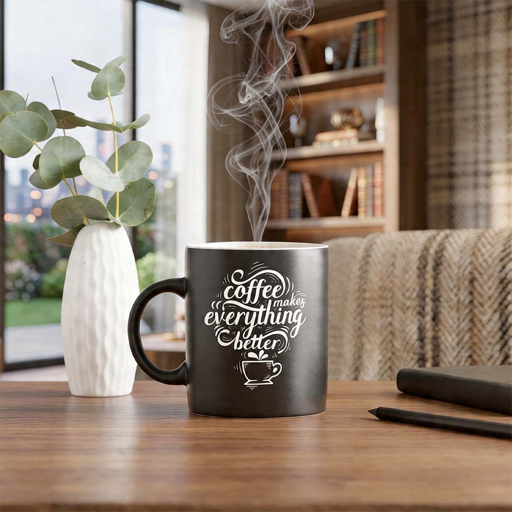 Custom printed black coffee mug with personalized design for gifts and promotional use in Dubai