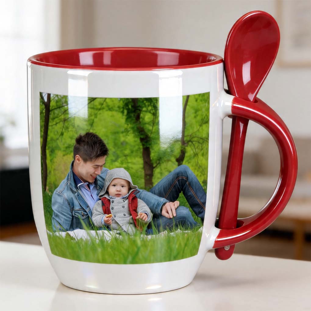 Personalized photo mug with spoon and custom family picture printing for gifts in Dubai
