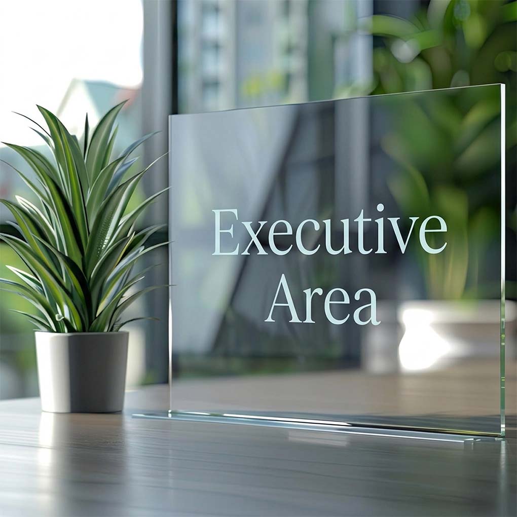 Clear acrylic office desk name sign with custom lettering for corporate workplaces in Dubai