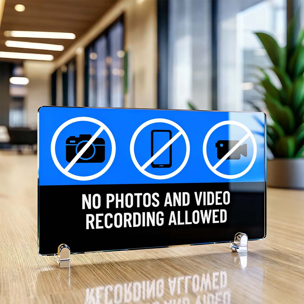Custom acrylic no photos and video recording information sign for offices and commercial spaces in Dubai