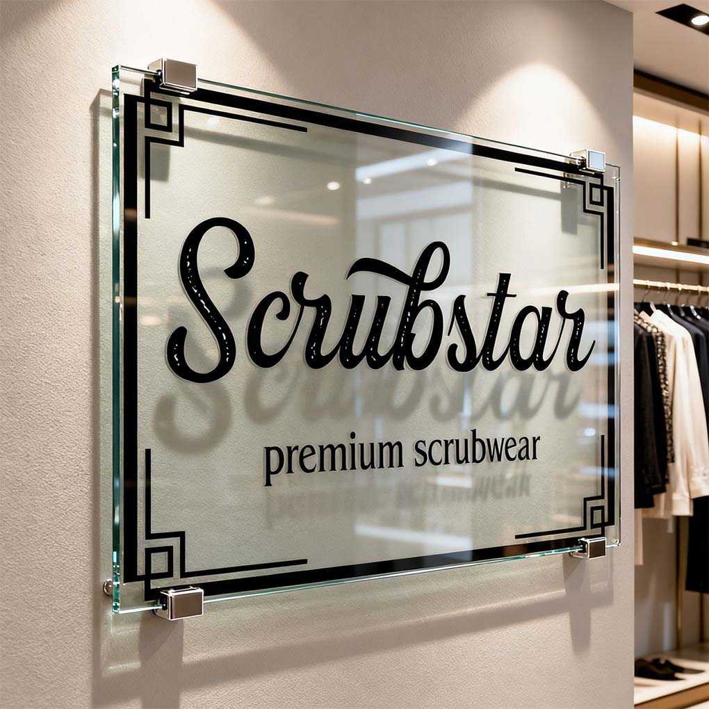 Custom clear acrylic shop name board with printed logo and decorative wall mounting for retail stores in Dubai