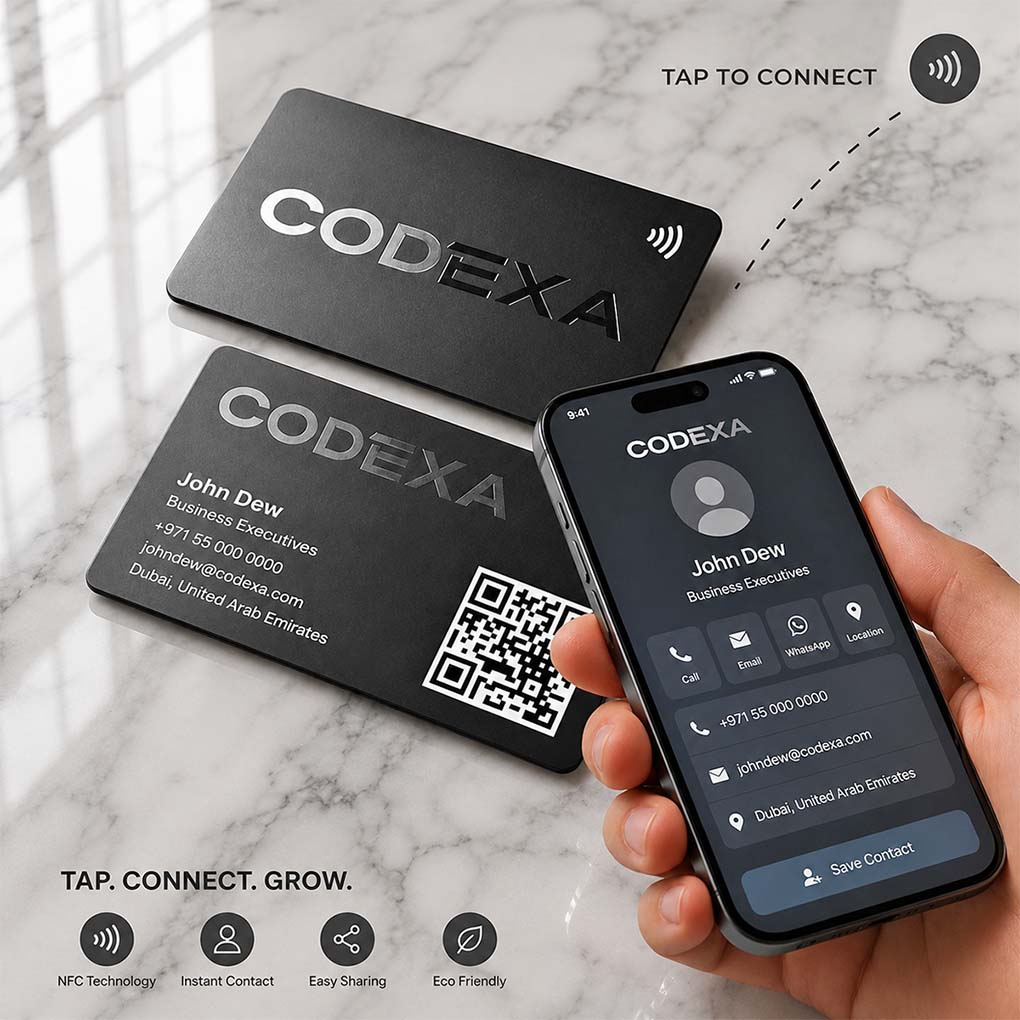 Black NFC smart business card with QR code and tap-to-connect digital contact profile in Dubai