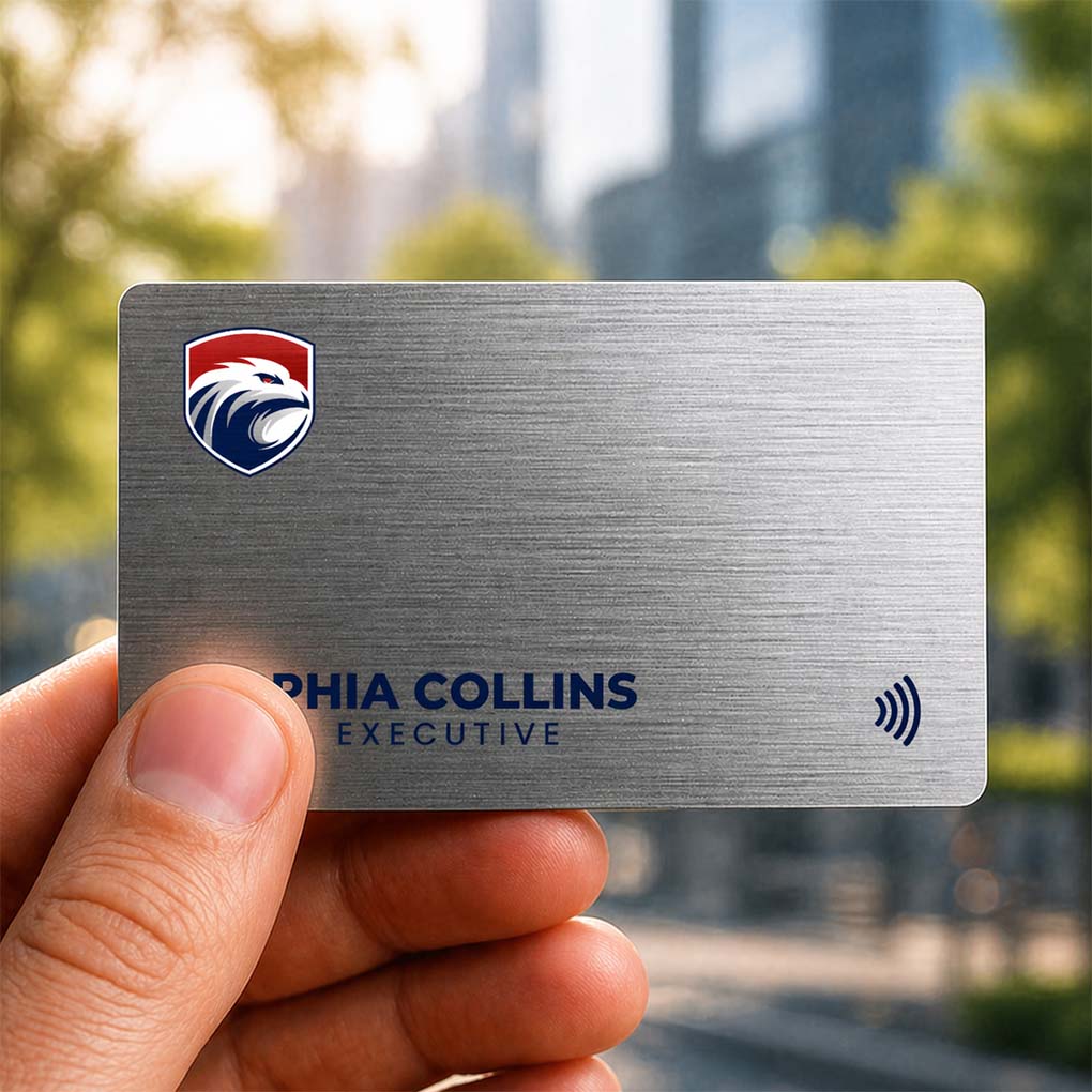 Brushed metal NFC smart business card with contactless technology for executives and professionals in Dubai