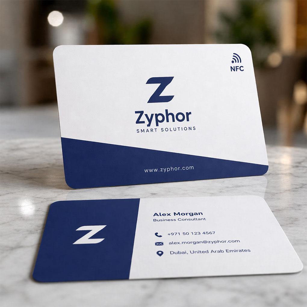 Custom corporate NFC smart business cards for professionals and companies in Dubai UAE