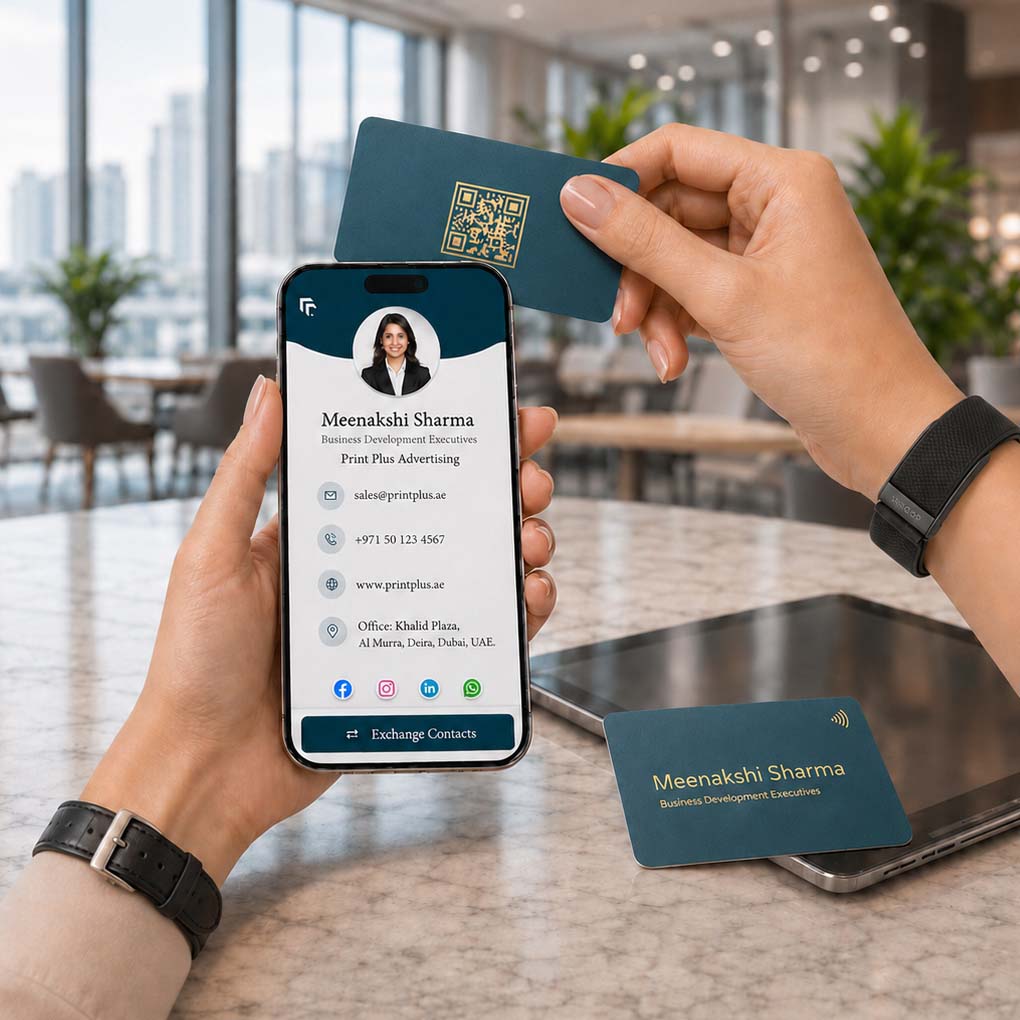 Custom NFC business card connecting to a digital contact profile with social media and contact details in Dubai
