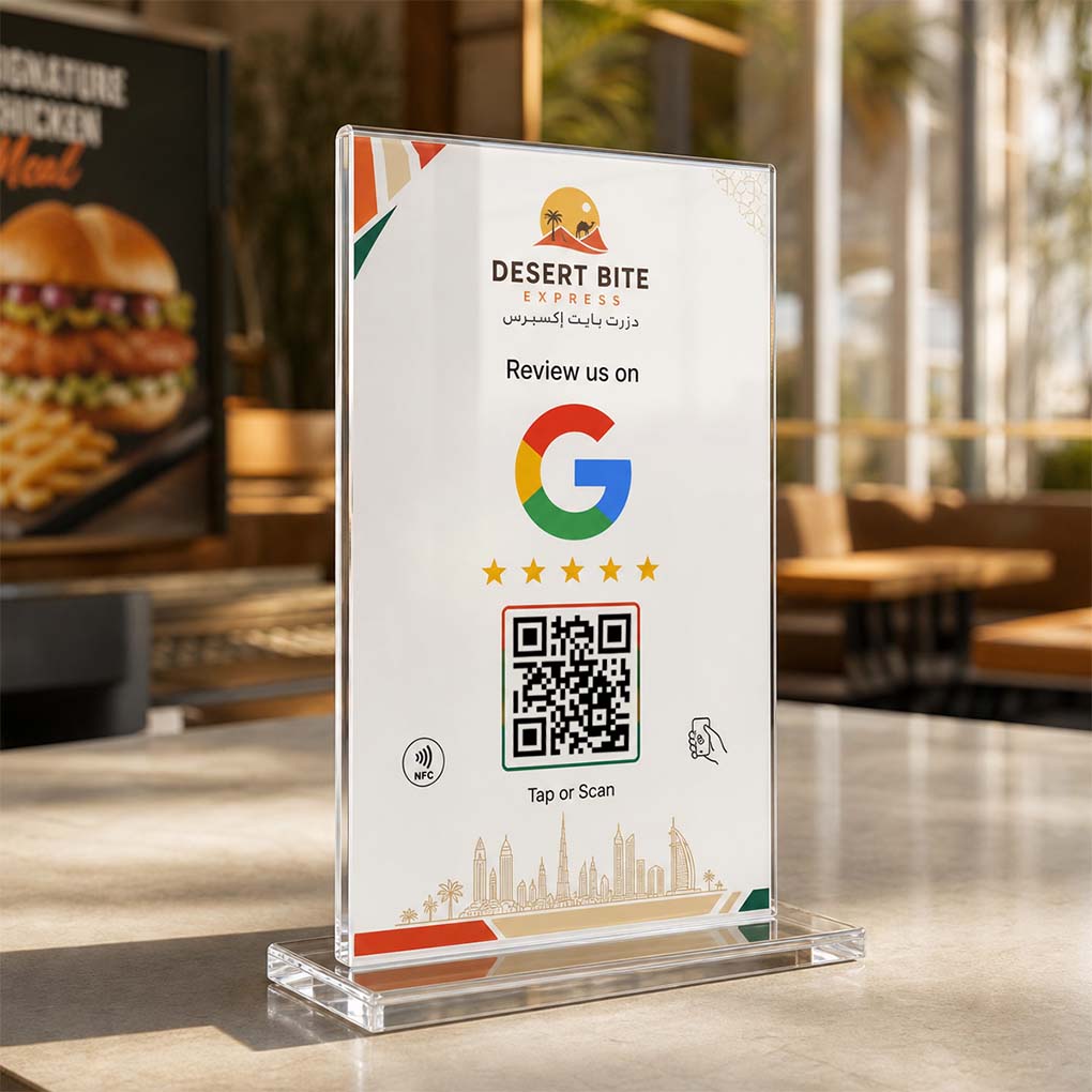 Custom branded Google review NFC table stand with QR code for restaurant customer feedback in Dubai