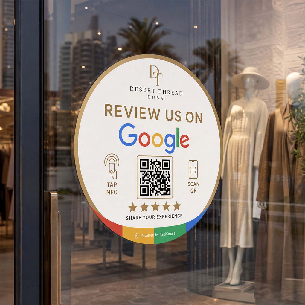 Custom NFC Google review window sticker with QR code for retail stores and businesses in Dubai