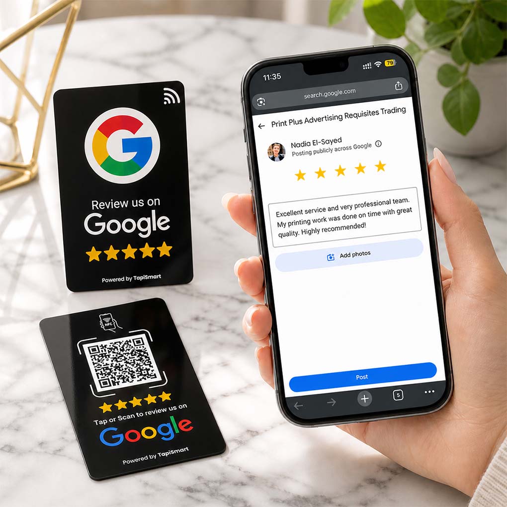 NFC Google review card with tap and QR code feature for collecting customer reviews in Dubai