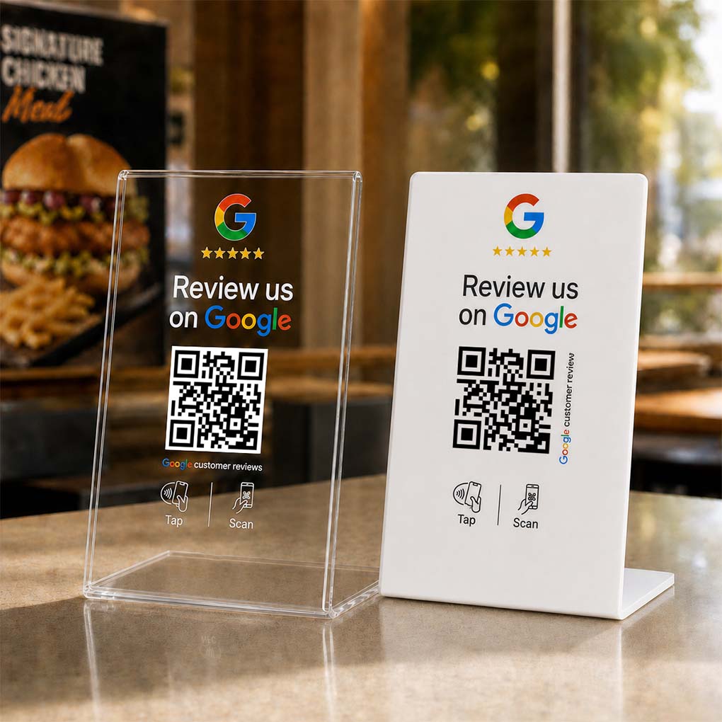 NFC Google review table stands with QR codes for collecting customer reviews at restaurants in Dubai