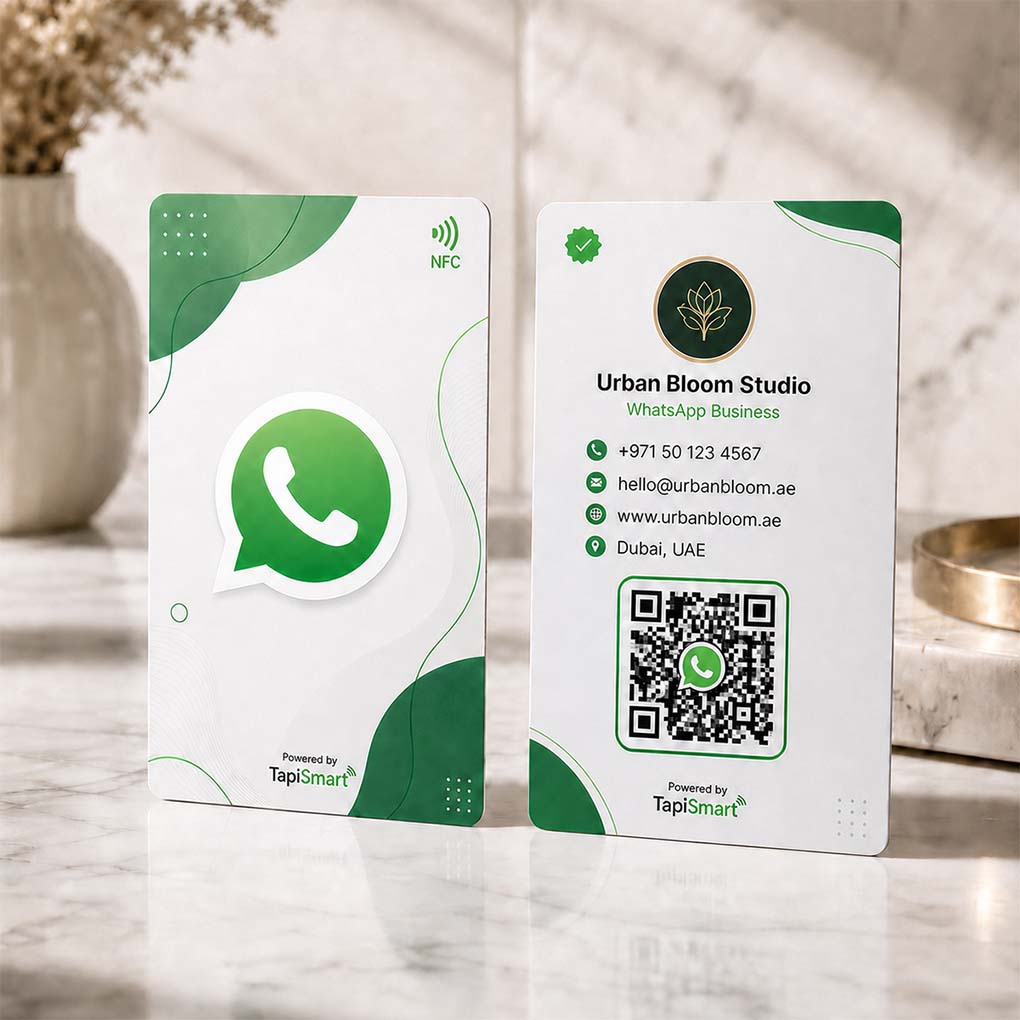 WhatsApp NFC business card in Dubai with QR code for instant tap to connect business contact and profile