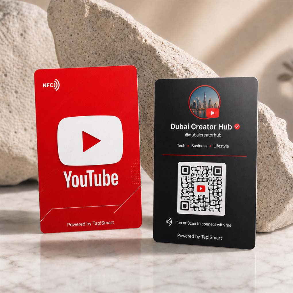 YouTube NFC social media card in Dubai with QR code and tap to connect creator channel and digital profile