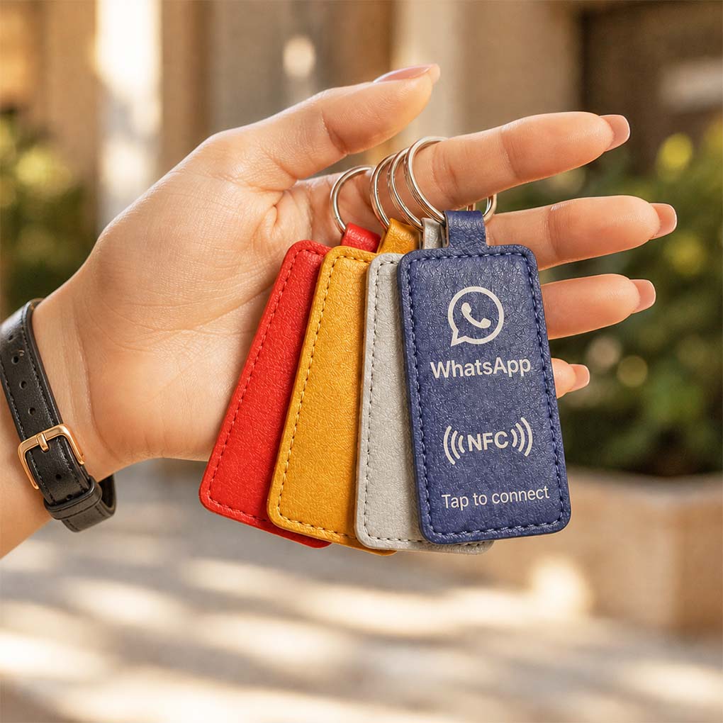 Custom WhatsApp NFC keychain tag in Dubai for instant tap to connect, contact sharing and business communication