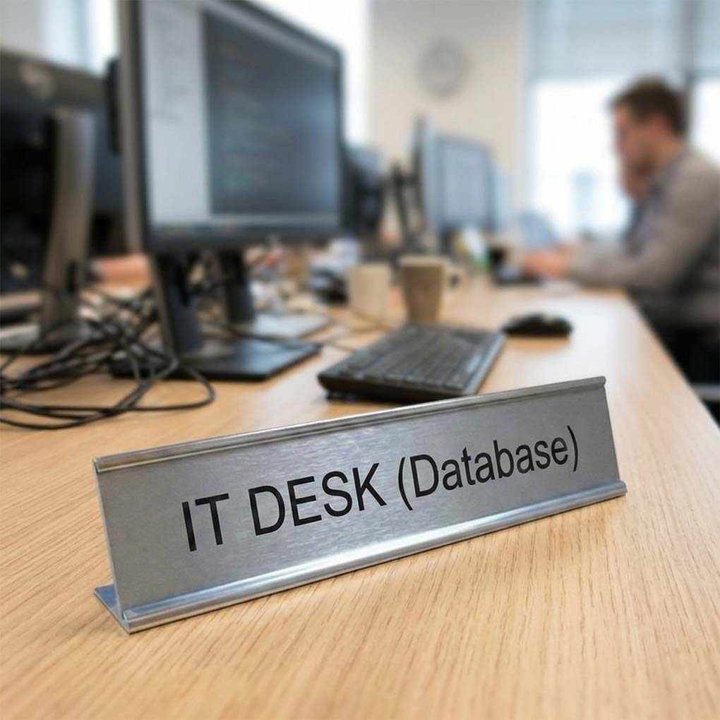 Custom aluminium office desk sign in Dubai for departments, reception desks, staff names and workplace signage