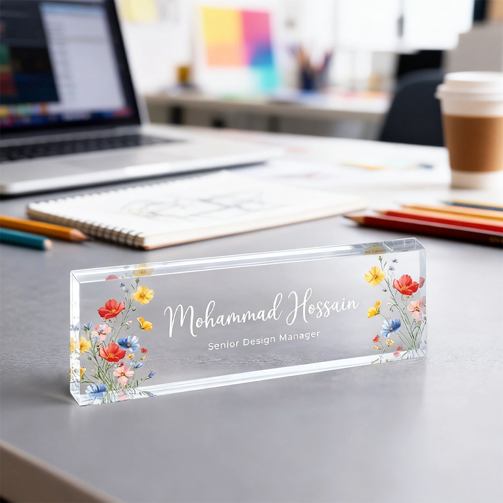 Personalized clear acrylic table name plate in Dubai with custom printed design for office desks and professionals