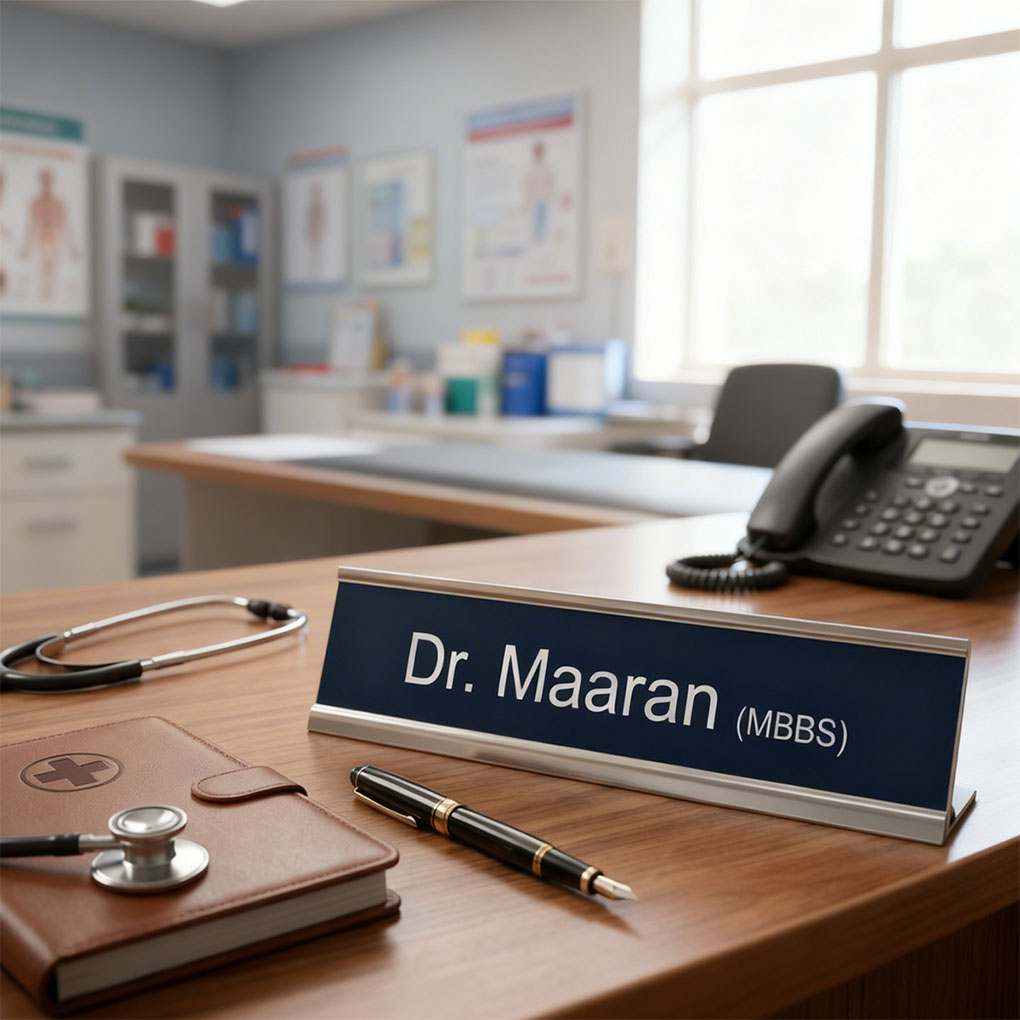 Professional doctor desk name plate in Dubai with aluminium frame for clinics, hospitals and medical offices