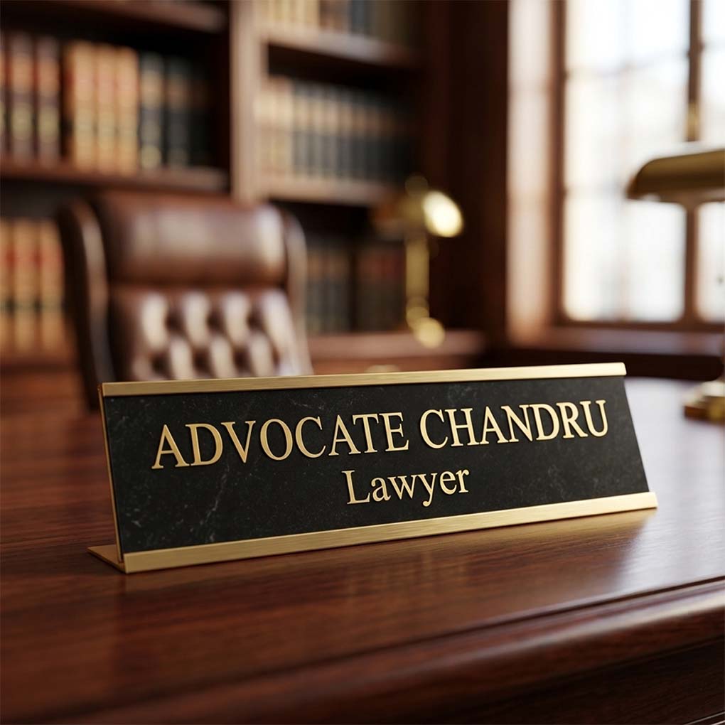 Premium lawyer office table name plate in Dubai with black and gold finish for legal offices and advocates