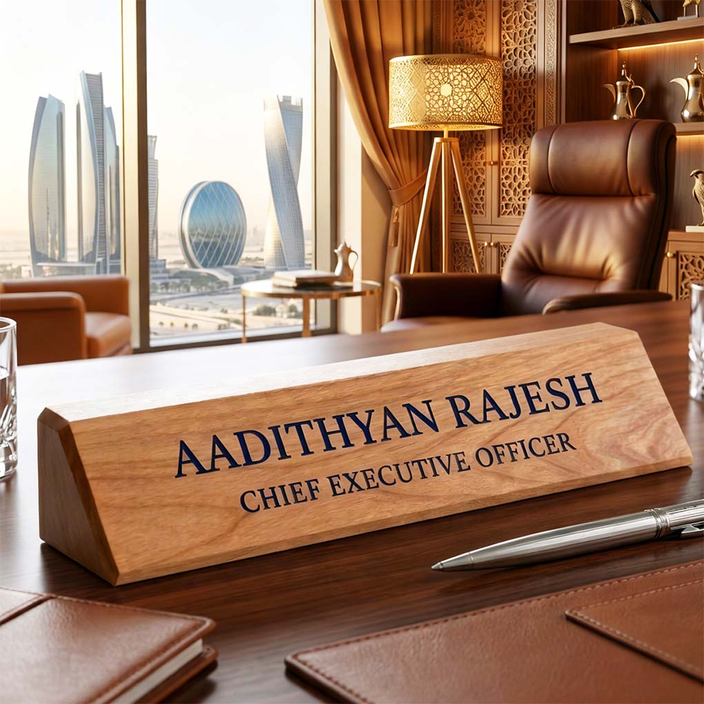 Custom wooden executive desk name plate in Dubai for CEO, director and corporate office table signage