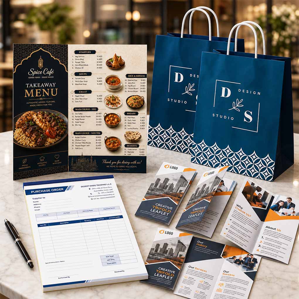 Commercial offset printing in Dubai for menus, paper bags, purchase orders, brochures, leaflets and business marketing materials