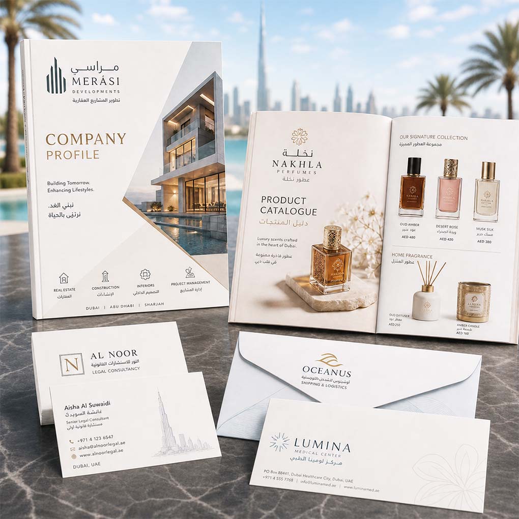 Company profile and product catalogue offset printing in Dubai with business cards, envelopes and corporate stationery