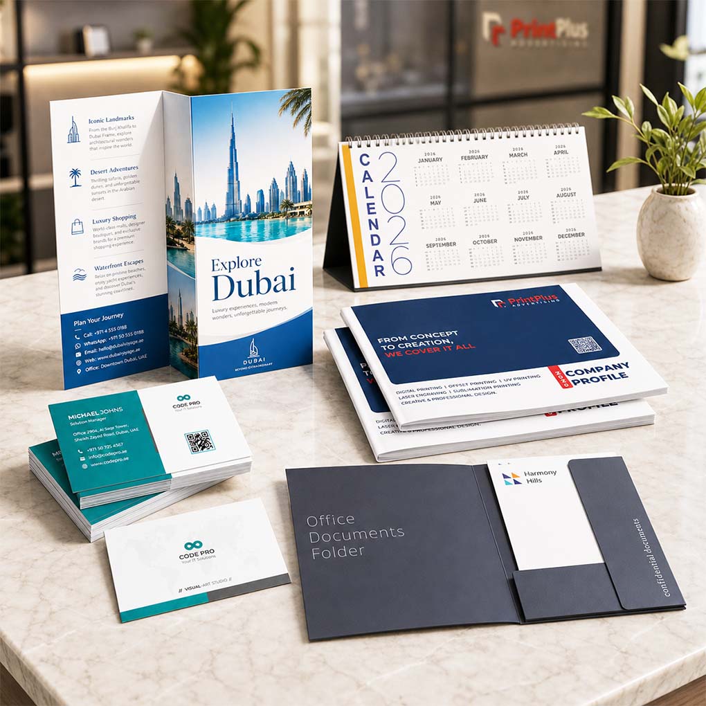 Corporate offset printing services in Dubai for company profiles, brochures, calendars, business cards and presentation folders