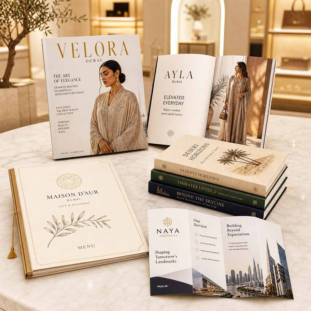 Premium brochure and catalogue printing in Dubai for fashion, real estate, hospitality and corporate marketing materials
