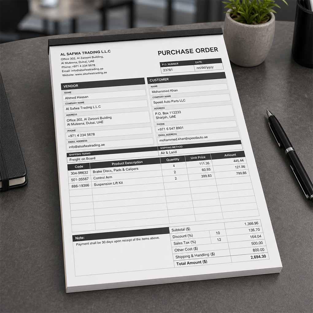 Professional business purchase order book printing with custom company information, product details and pricing fields in Dubai