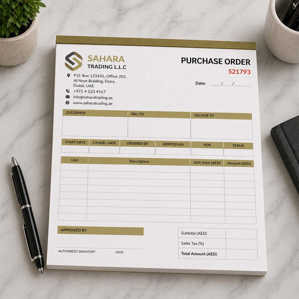 Custom company order book printing in Dubai with branded purchase order layout, customer details and AED total fields
