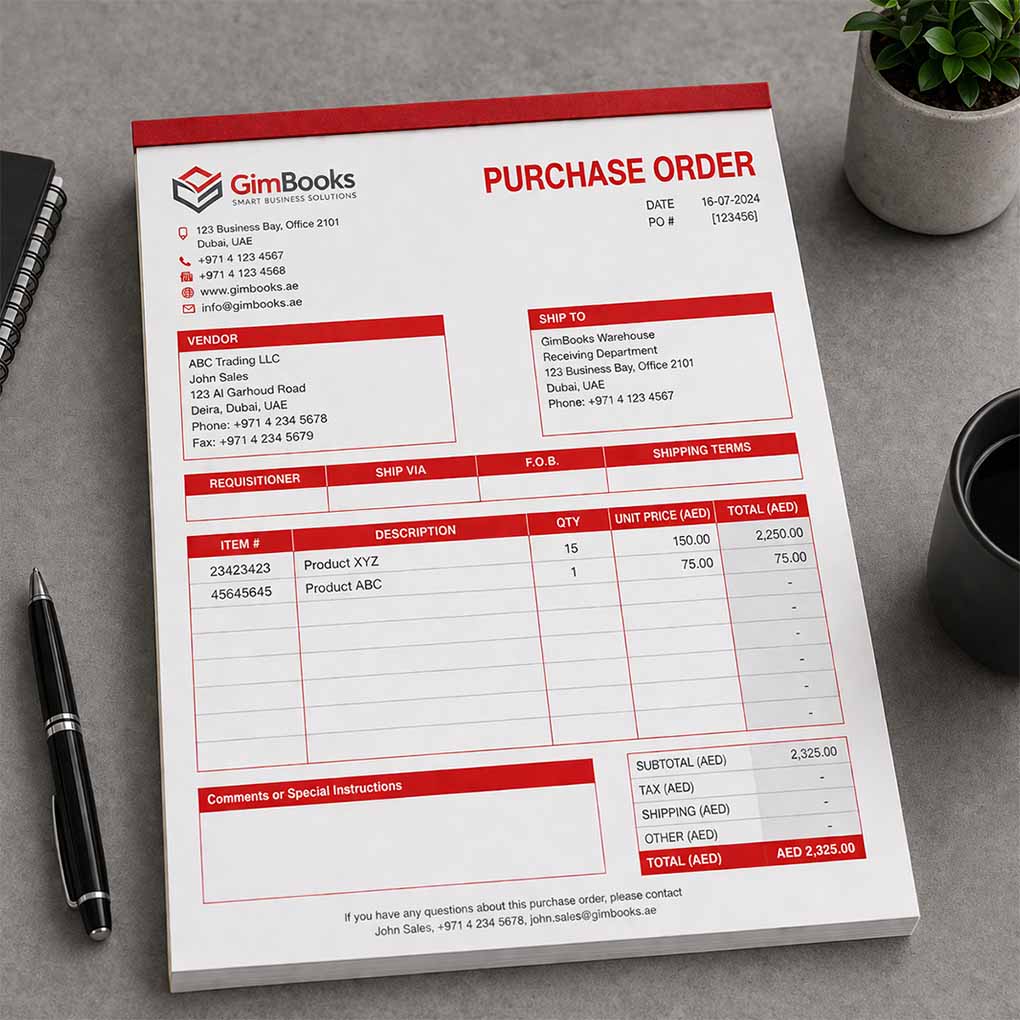 Custom printed purchase order form with company logo, vendor details, item table and AED pricing for Dubai businesses