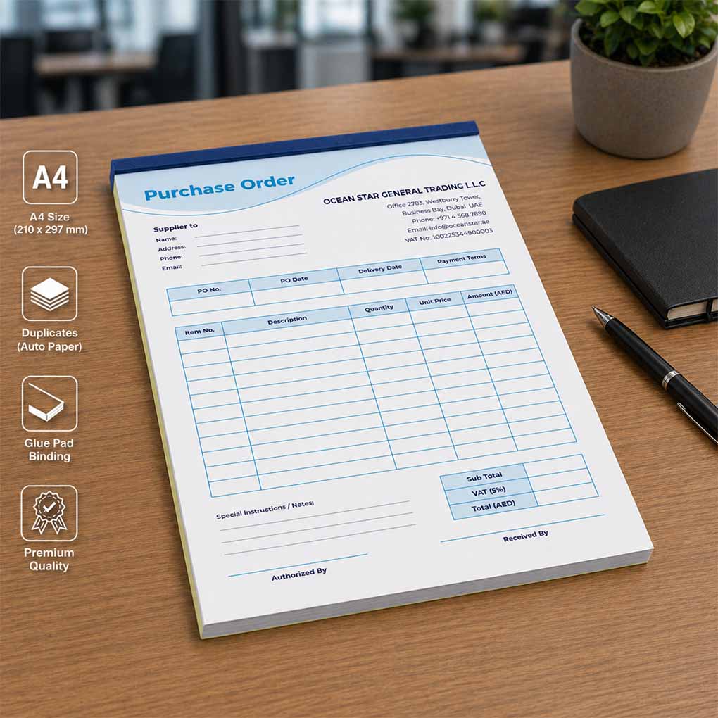Duplicate purchase order book printing in Dubai UAE with A4 size, auto copy paper and glue pad binding
