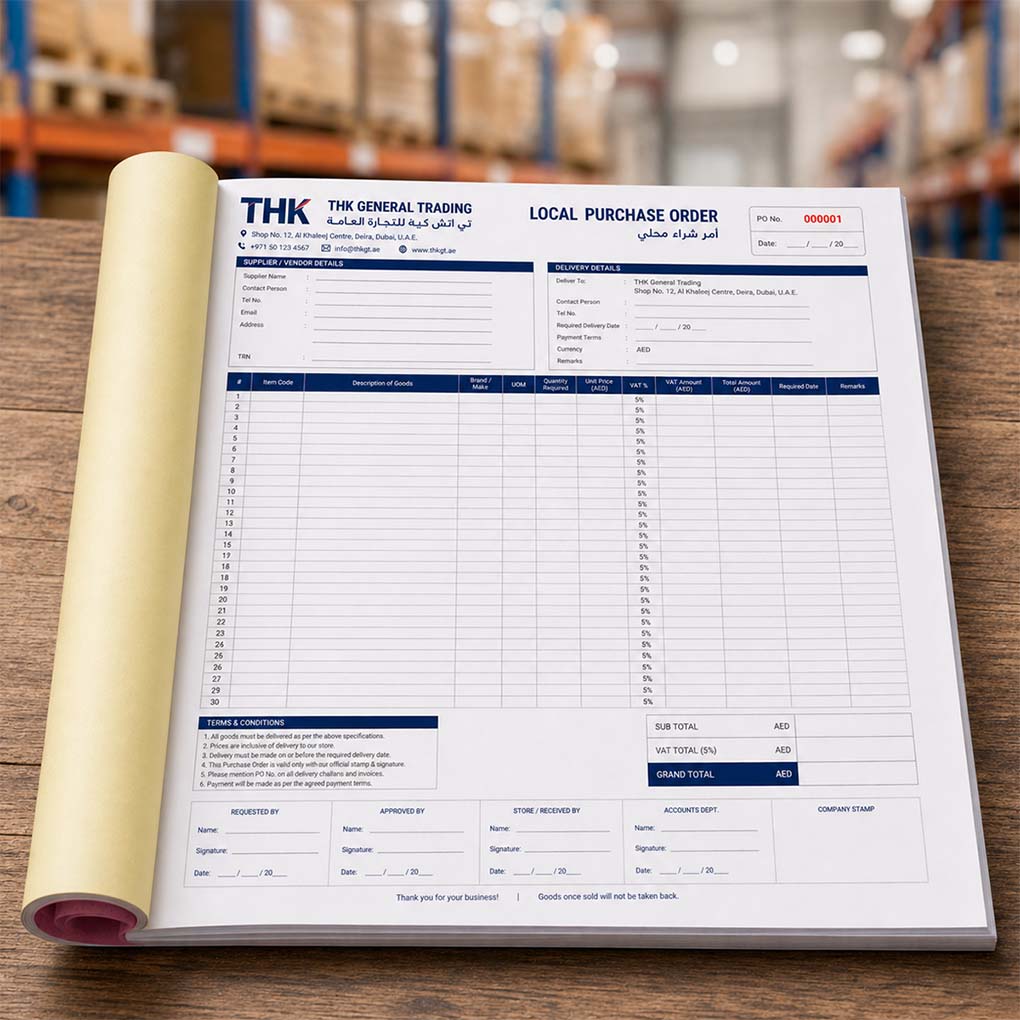 Custom purchase order book printing in Dubai with company branding, VAT fields and professional business form layout
