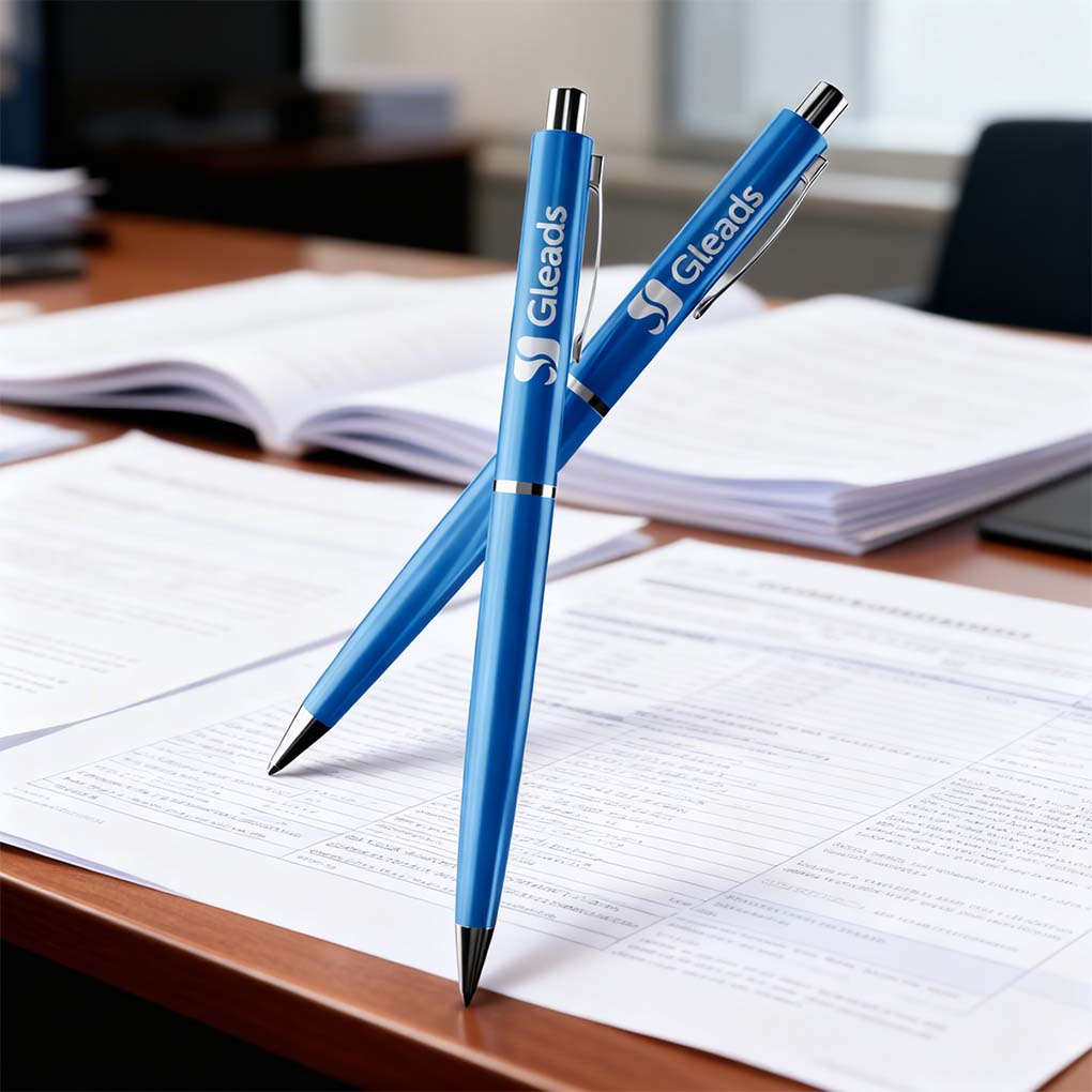 Branded blue promotional pens with custom company logo printing for businesses in Dubai UAE