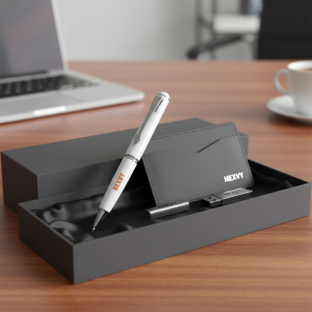 Corporate gift set with custom printed pen card holder and USB drive in presentation box in Dubai UAE