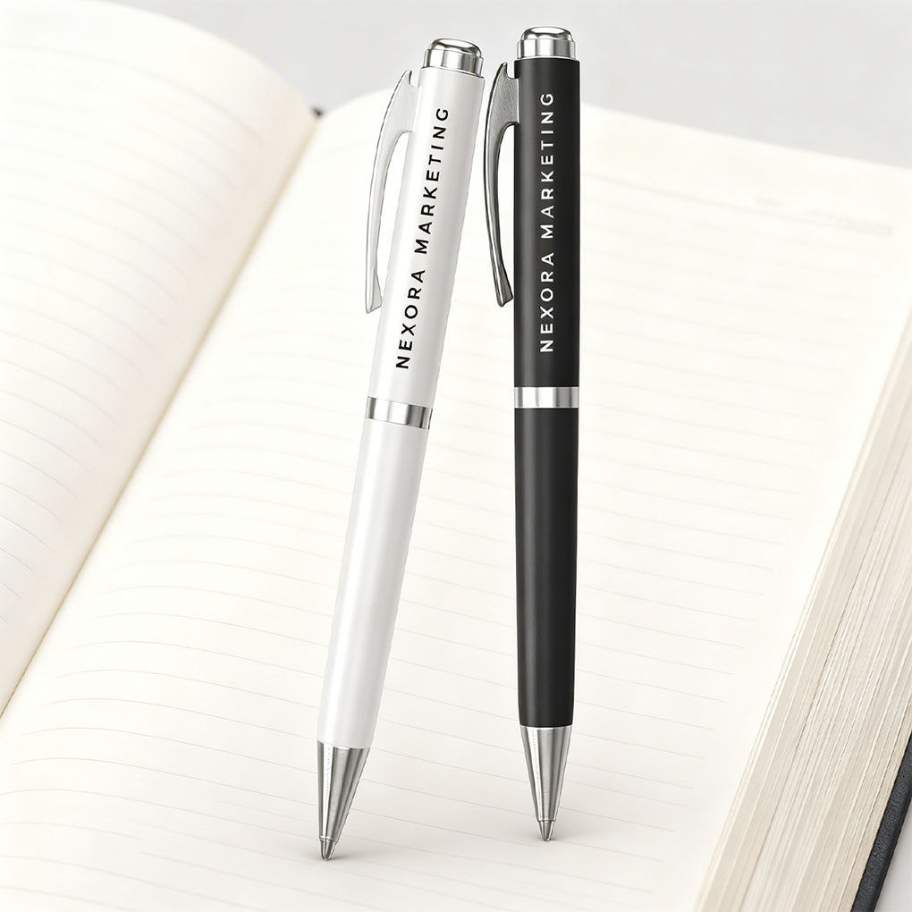 Custom logo pen printing on black and white promotional pens for corporate branding in Dubai UAE