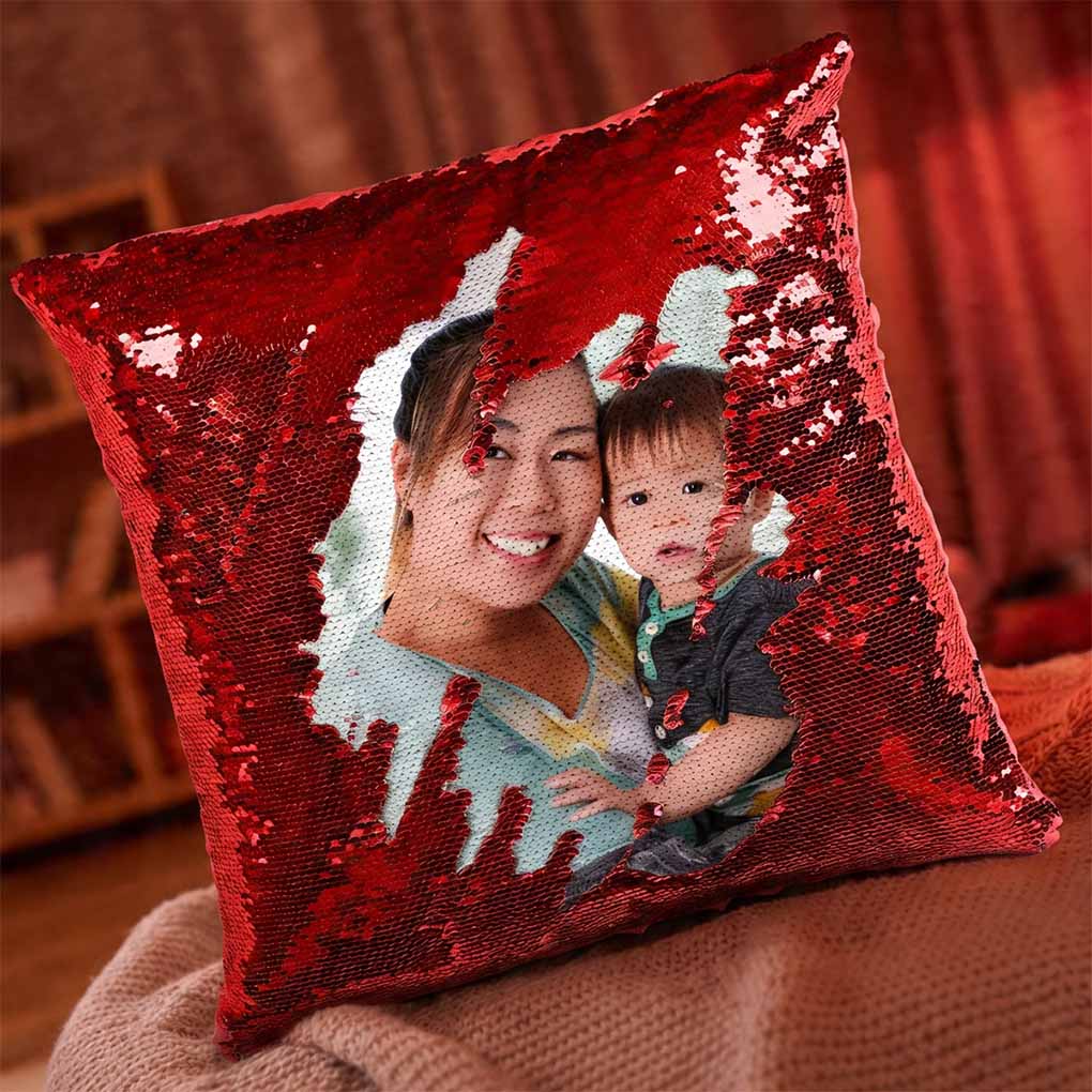 Custom photo sequin pillow printing with personalized family picture for gifts in Dubai UAE