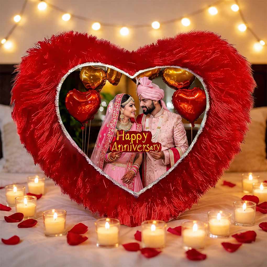 Personalized heart shaped photo cushion with custom anniversary picture printing in Dubai UAE