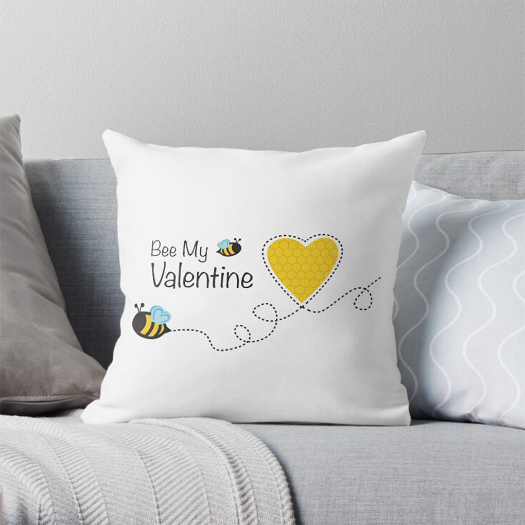 Valentines Day custom cushion printing with personalized Bee My Valentine design in Dubai UAE