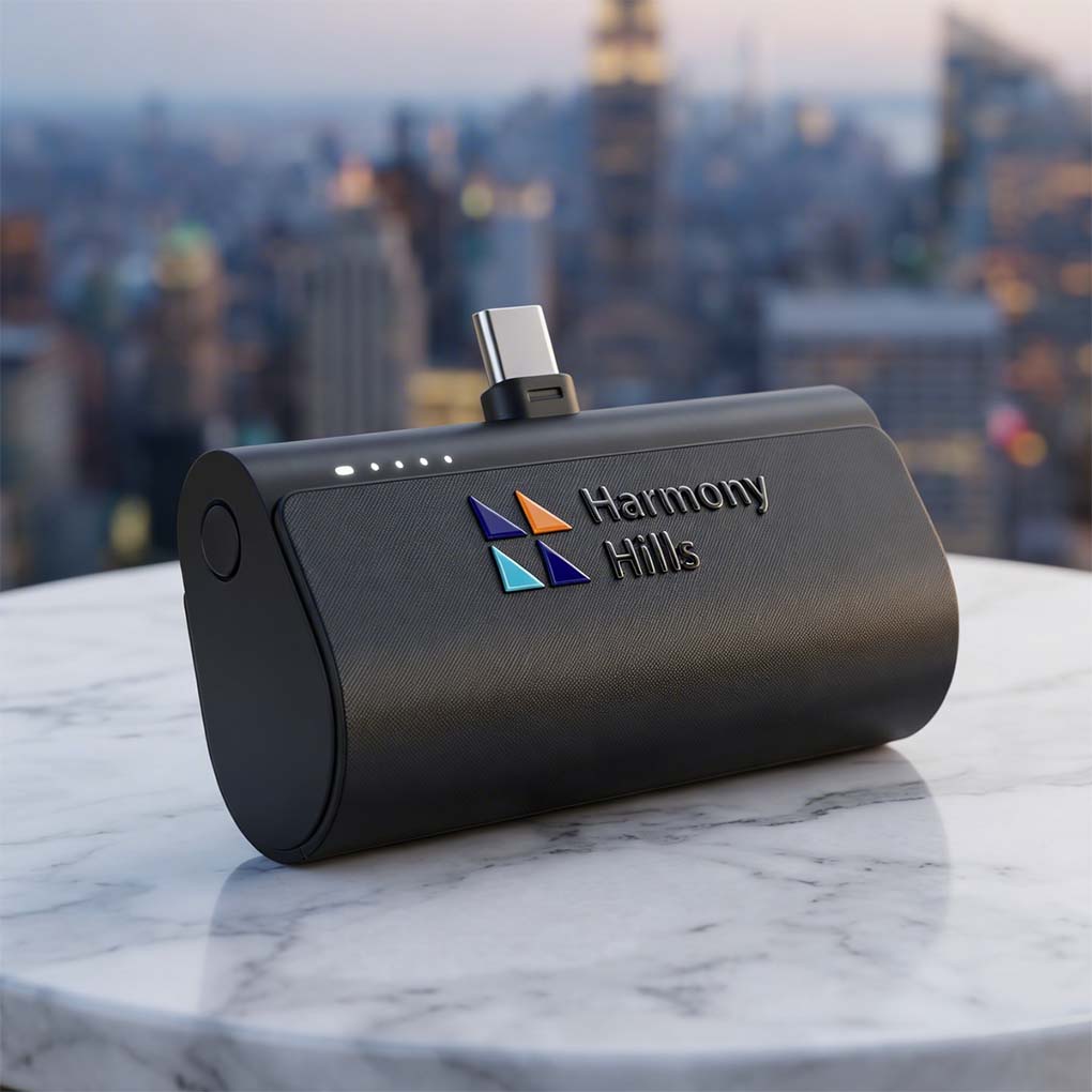 Branded USB-C portable power bank with custom company logo for promotional corporate gifts in Dubai UAE