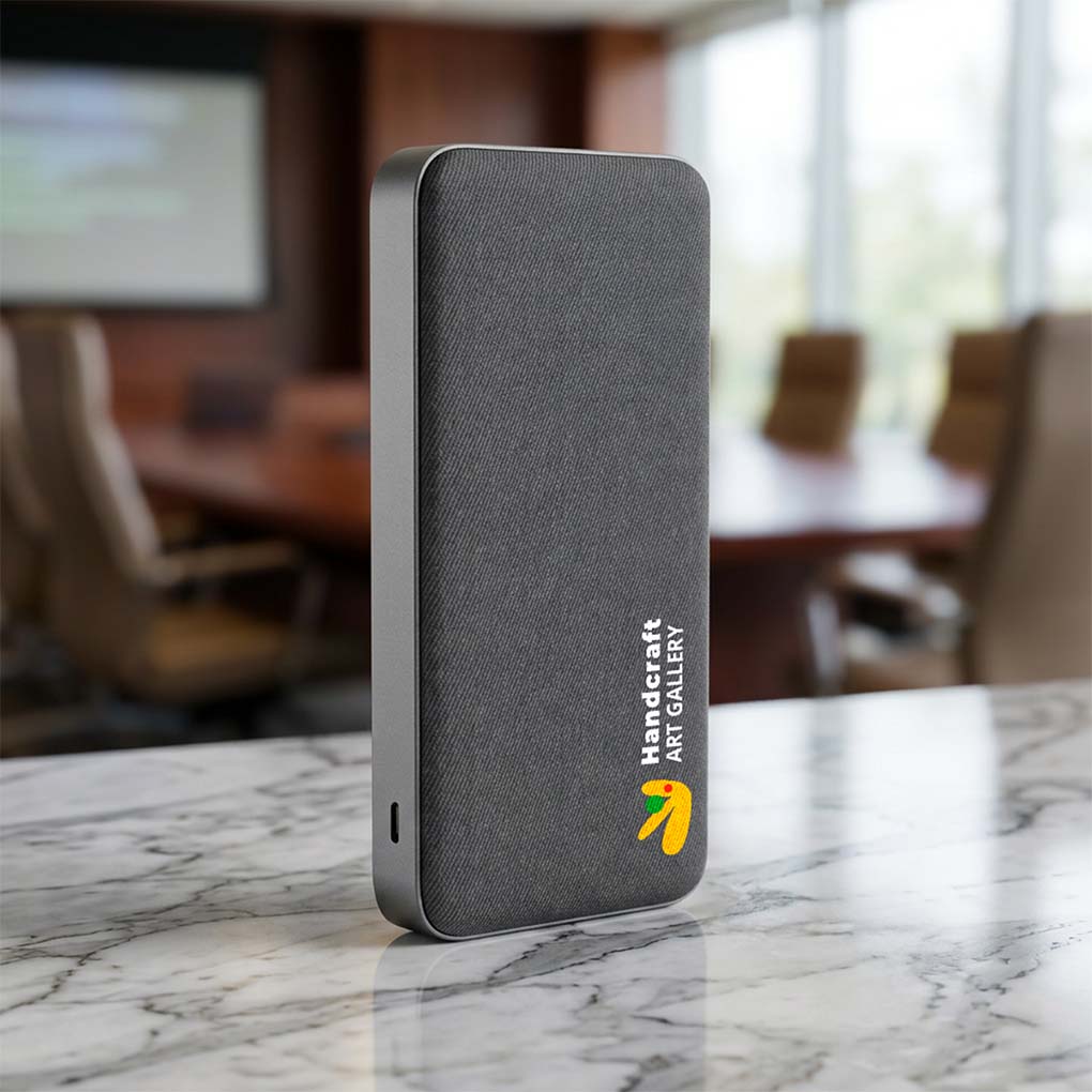 Custom branded power bank with company logo printing for corporate promotional gifts in Dubai UAE