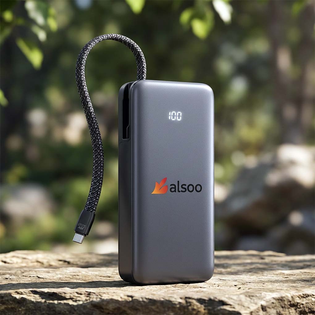 Custom portable power bank with company logo and built-in charging cable for corporate gifts in Dubai UAE