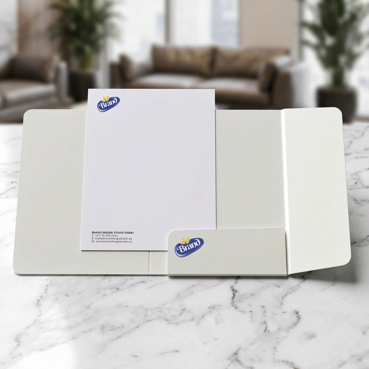 Branded office folder printing with letterhead and business card pockets for professional companies in Dubai UAE