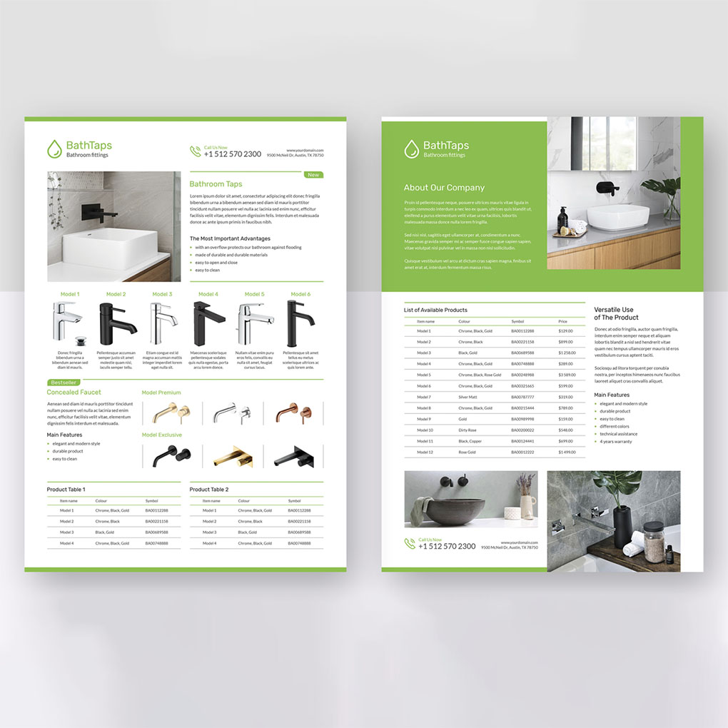 Bathroom products catalogue printing with product specifications, images and pricing for companies in Dubai UAE