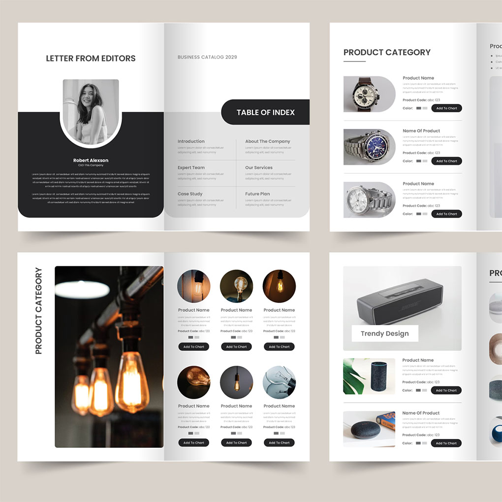 Professional business product catalogue design and printing with organized product categories and images in Dubai UAE