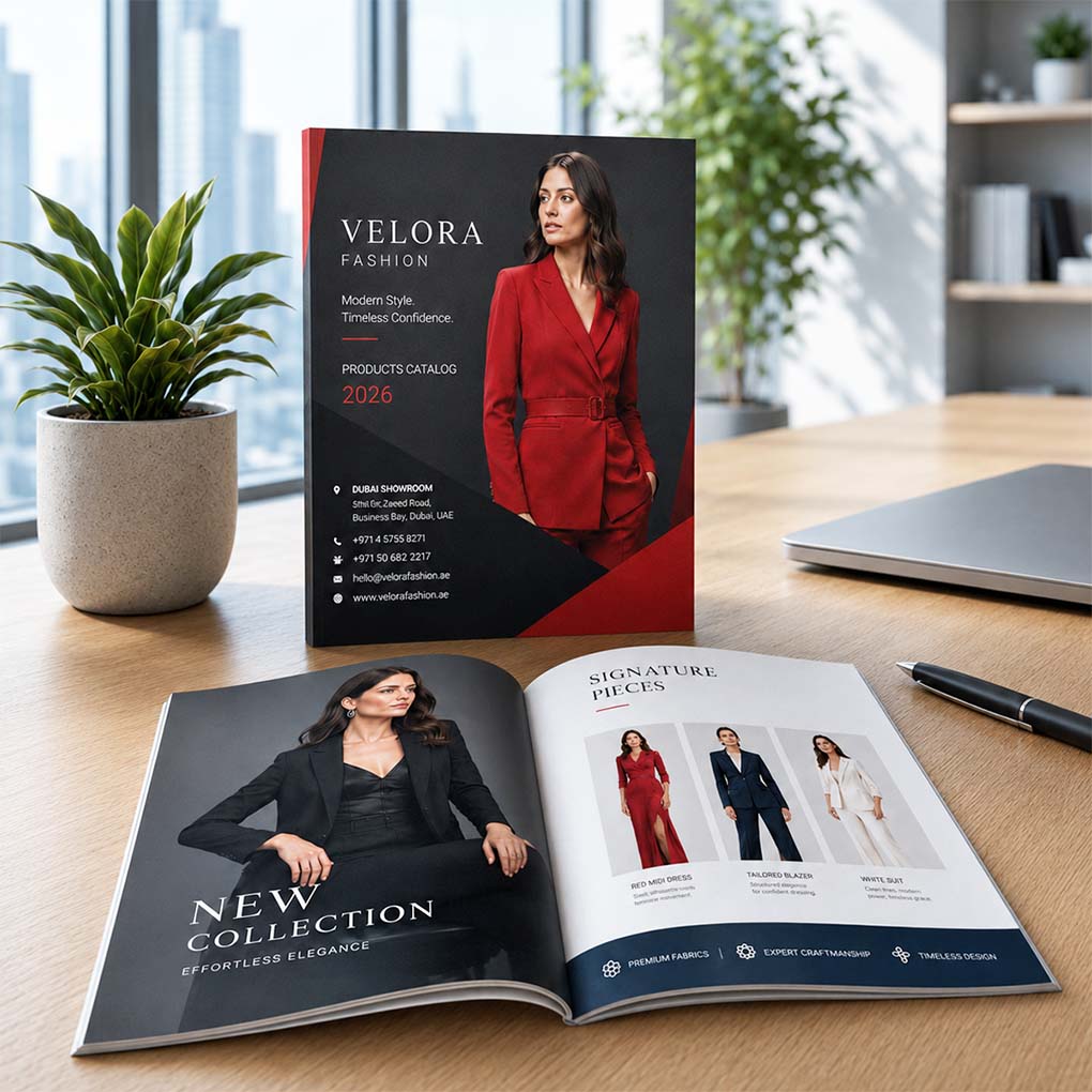 Fashion product catalogue printing with premium cover and full color collection pages in Dubai UAE