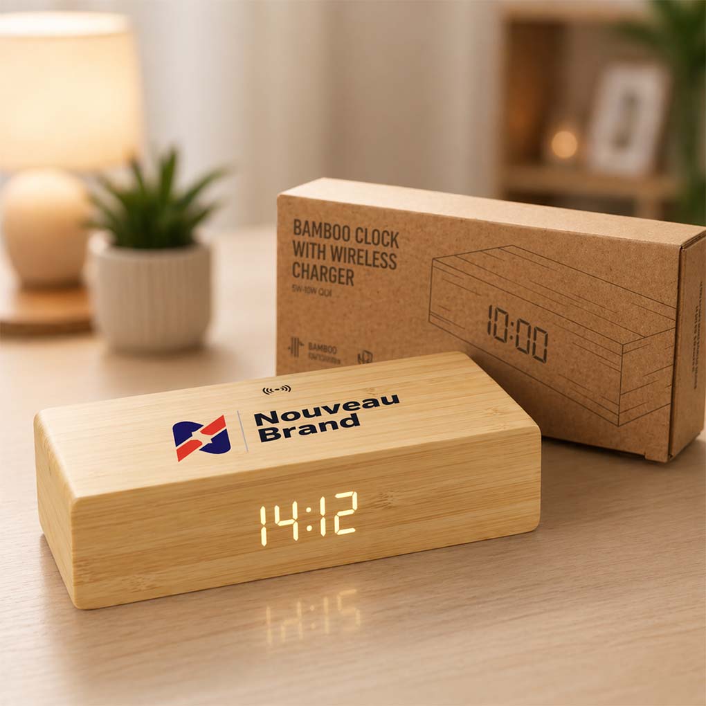 Branded bamboo digital clock with wireless charger and custom company logo for corporate gifts in Dubai UAE